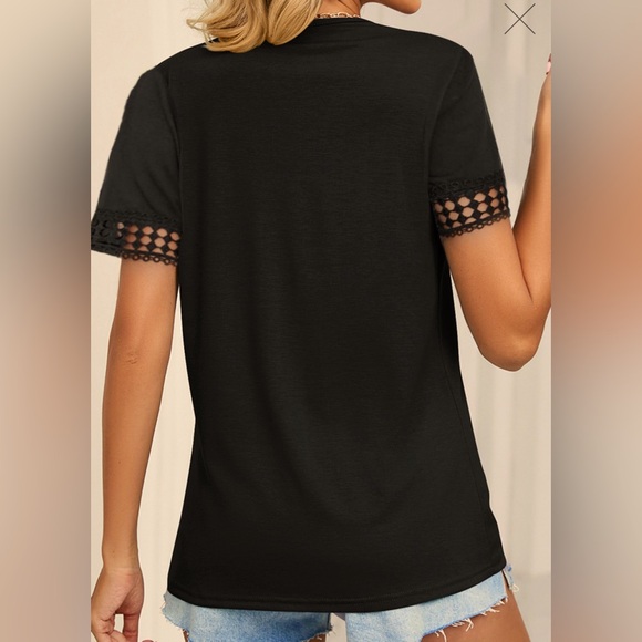 Women’s Black Patchwork Short Sleeve V Neck T Shirt - Picture 2 of 4